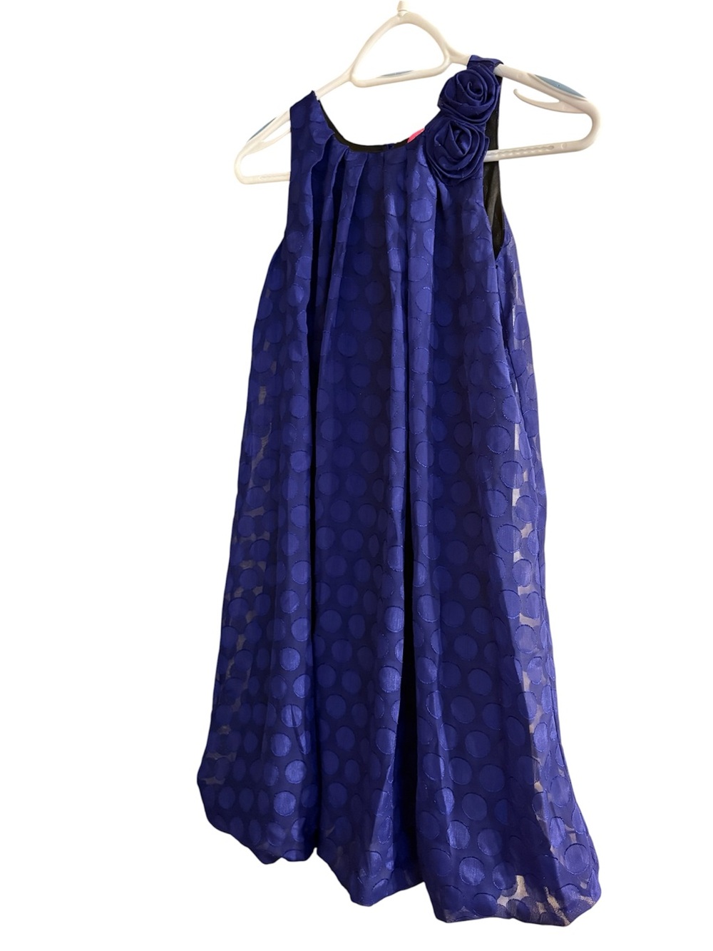 Pinky Royal Blue Dot Jacquard Flower-Shoulder Girls Dress